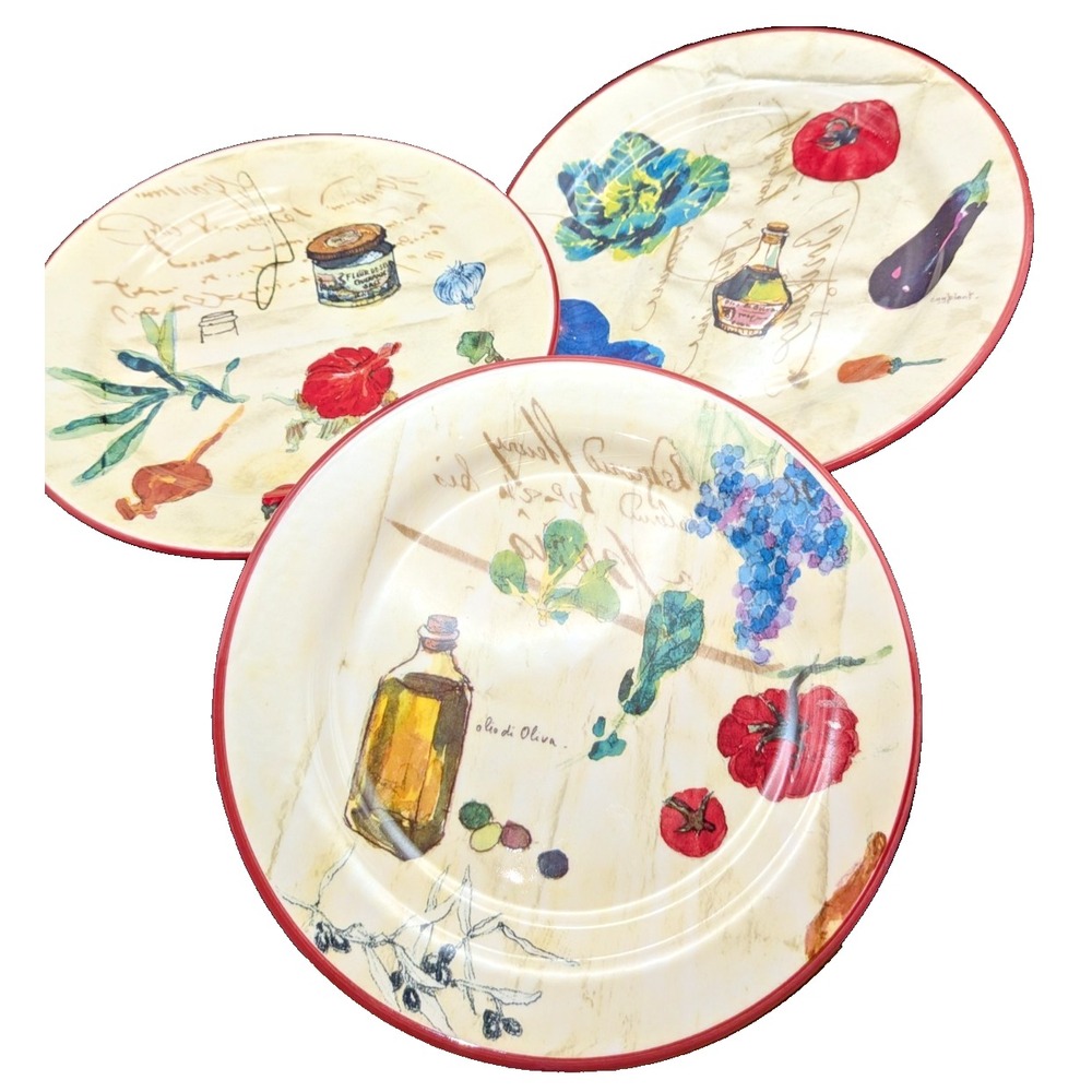 Williams-Sonoma French Market Salad Plates Set of 3 Portugal Ceramic Red Rim